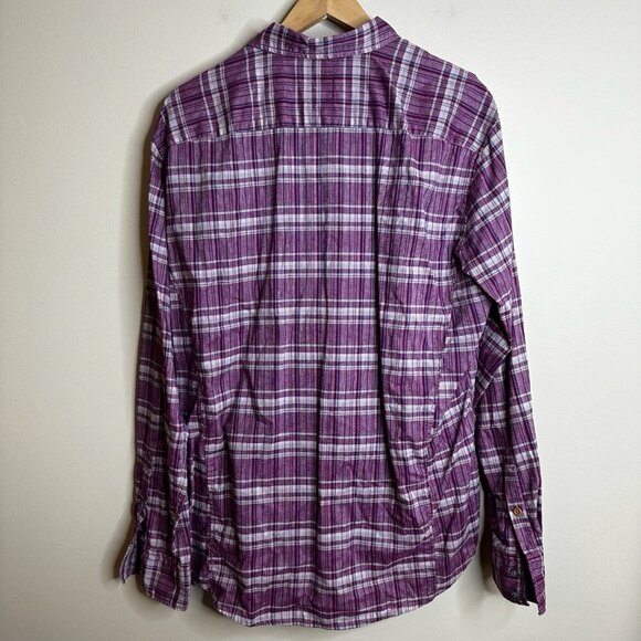 Hugo Boss Orange Linen Blend Plaid Button Up Shirt Purple Mens XL Western Preppy - Picture 13 of 15